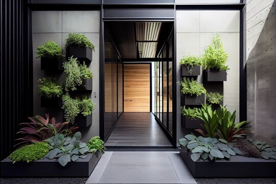 With Rows Of Plants And Greenery, Adding A Touch Of Nature To An Otherwise Industrial Or Modern Office Entrance, Created With Generative Ai