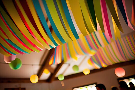 Premium AI Image  Blue paper streamer hanging from ceiling at birthday  party created with generative ai