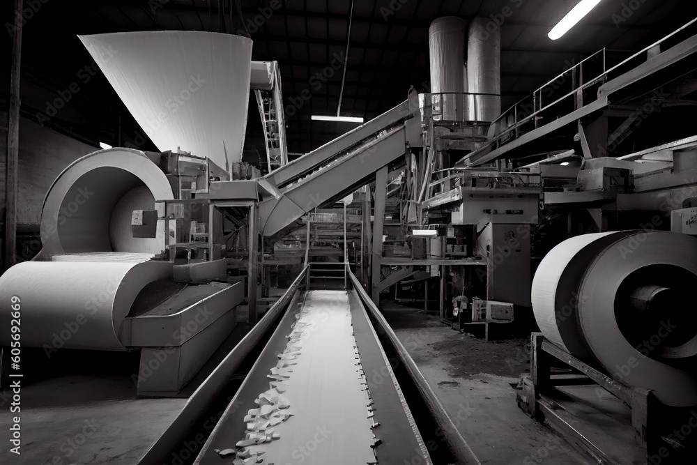 Wall mural pulp and paper factory, with conveyor belt carrying rolls of paper, created with generative ai