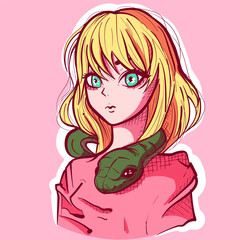 Digital art of a blonde anime girl and a snake around her neck. Japanese manga doll wearing pink and holding a green reptile.
