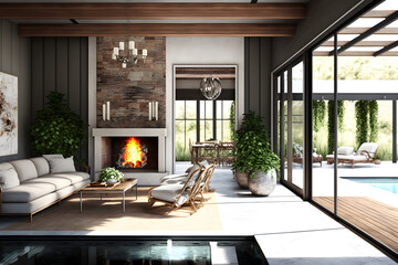 Modern architecture meets rustic accents with this interior, exterior common area with lap pool,fireplace and indoor and outdoor furniture. 3d rendering
