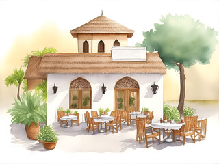 Indian restaurant exterior watercolor illustration generated AI