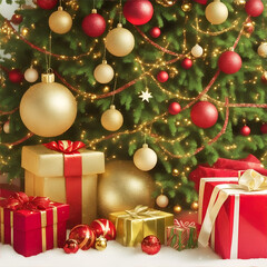 Fototapeta na wymiar Christmas mood, presents in boxes under the fir tree, photorealistic illustration generated AI