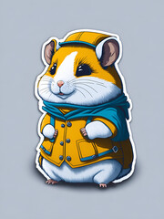 sticker cartoon cute hamster on gray background with clothes and a hat, generated AI