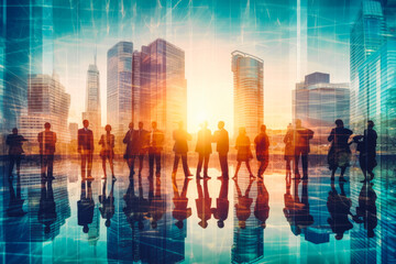 Double exposure image of many business people conference. Group of diverse business people in city. Generative AI