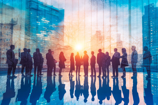 Double exposure image of many business people conference. Group of diverse business people in city. Generative AI