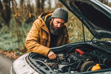 Man looking at the broken down car at the side of the road. Open hood on car and man trying to fix it. Generative AI