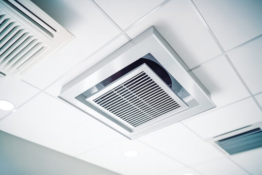 Modern mechanical heat recovery unit system for mechanical ventilation system mounted on ceiling. Generative AI