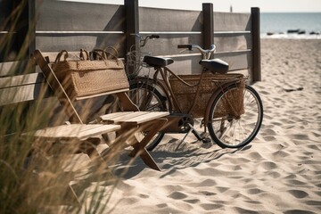 Fototapeta na wymiar Artistic Baltic beach with bike and loungers. Generative AI