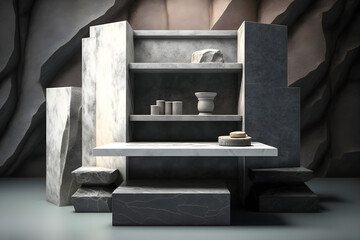 Product setting podium rough stone slabs, marble counter concrete table and stone shelves, grunge texture blocks object placement, 3d rendering 