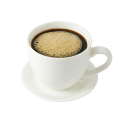 White ceramic coffee cup with saucer Packed with black coffee with floating foam. isolated on a transparent background
