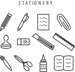 Stationery pencil pen paper clip stamp eraser cutter ruler brush scissor glue book icon set 