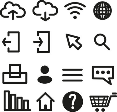 Web UI UX Icons Set upload download wifi internet log in log out kursor search print user menu chat signal home help shop
