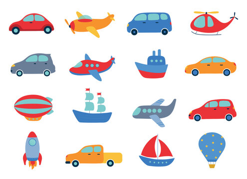 Cute vector toy transport isolated on white background. Ship, cars, plane, helicopter, boat, yacht, rocket, van, bus, airship, pickup. Kids flat colorful set
