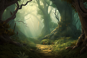 Enchantment of a mystical forest background. Towering trees, dappled sunlight, and a hint of magical ambiance, perfect for fantasy themes or nature-inspired designs.