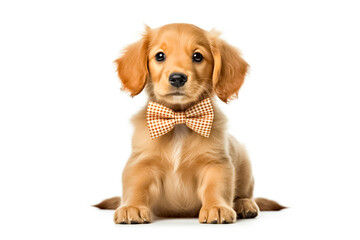Adorable golden retriever puppy wearing a bow tie in front of a white background.

