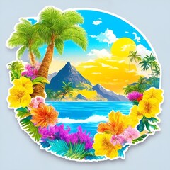 Colorful southern landscape with flowers Sticker  nature t-shirt art graphic generated AI 