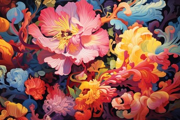 A painting of colorful flowers, vivid floral wallpaper, fantasy flower background, flower wallpaper