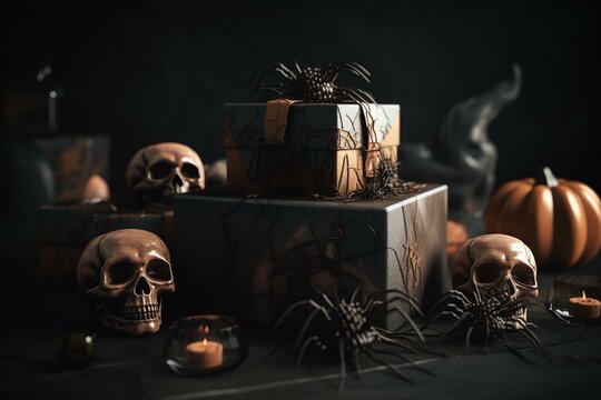 3D image of Halloween banner with gift box in pumpkins, skull, bat and spider. Generative AI