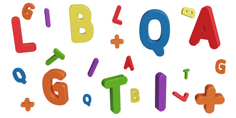 3D illustration of the word LGBTQIA+ with randomly falling letters.