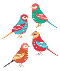Set of colorful and bright tits in hand drawn style. trendy design. Vector stock illustration. isolated. Doodle. Feathers. Ornament