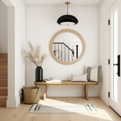 A welcoming foyer with a natural wood bench, a round mirror framed in brass, and a statement pendant light made from black metal and clear glass	