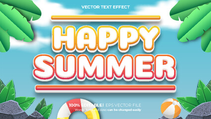 Vector happy summer 3d bold style editable text effect on sky background