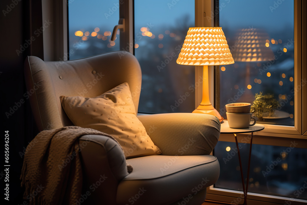 Poster a chair with a pillow and a lamp in front of a window. generative ai. lamp illuminating reading nook