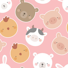Cute farm animals seamless pattern, abstract hand drawn dot background with adorable farm animals vector illustration