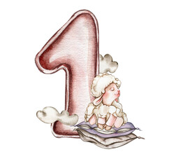 Watercolor hand drawn numbers and fluffy sheep composition. Illustration of a numbers. Perfect for scrapbooking, kids design, wedding invitation, posters, greetings cards, party decoration.