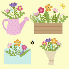 Bouquet of different flowers in a watering can, envelope, bouquet and seedling box.  Cute floral illustration for postcards isolated on white background.