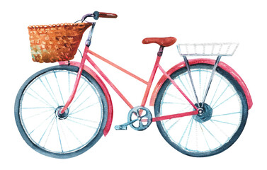 Fototapeta na wymiar Watercolor bicycle. Old pink bicycle with a wicker basket on a white background