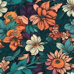 Foto op Canvas Seamless pattern, colorful flowers close-up in vintage style. © Andreas