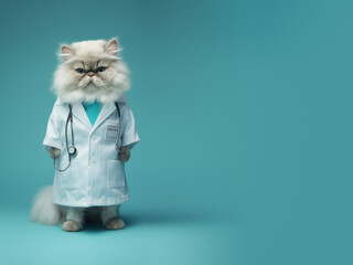 An anthropomorphic persian cat dressed as doctor hyperrealistic,the doctor is shown proudly in his white coat,sophistication medicine specialty with the tenderness of a feline,copy space,Generative AI
