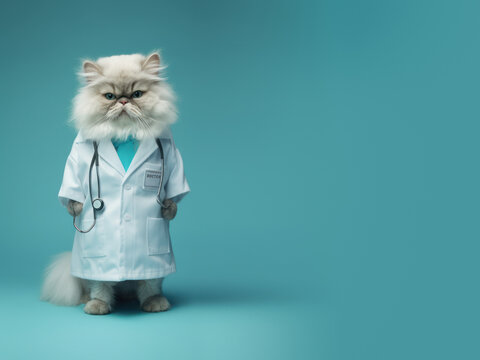 An anthropomorphic persian cat dressed as doctor hyperrealistic,the doctor is shown proudly in his white coat,sophistication medicine specialty with the tenderness of a feline,copy space,Generative AI