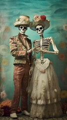 A couple of skeletons standing next to each other. AI generative. Day of the Dead picturesque display