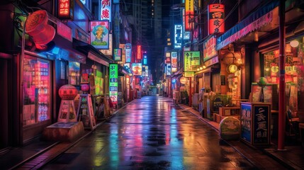 A night of the neon street at the downtown wide shot. Shinjuku district Tokyo Japan - Here is an electric quarter in Tokyo. It is center of the city in Tokyo. generative ai - obrazy, fototapety, plakaty