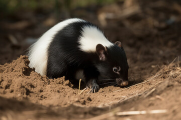 a skunk digs in the ground - obrazy, fototapety, plakaty
