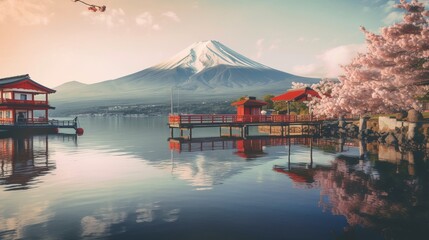 Mount fuji san at Lake kawaguchiko in japan on sunrise. vintage tone generative ai