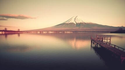 Fototapeta na wymiar Mount fuji san at Lake kawaguchiko in japan on sunrise. vintage tone generative ai