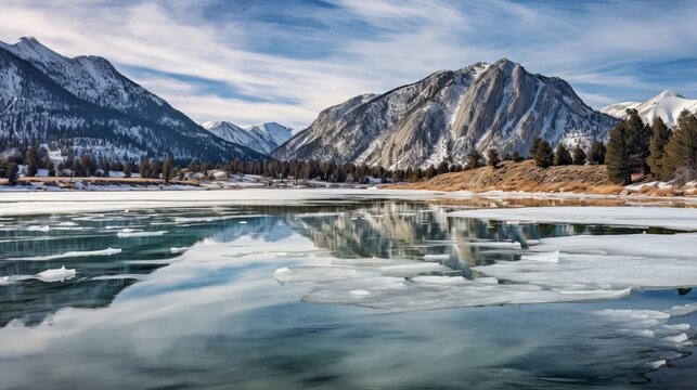 Landscape of a partially frozen june lake generative ai