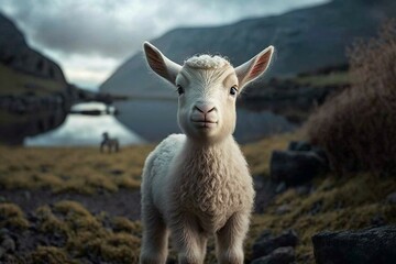 Obraz premium Little lamb in the countryside. Baby sheep. White lamb on the background of nature. Generated by AI