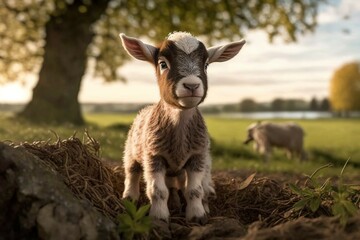 Obraz premium Little goat in the countryside. Goatling on the background of nature. Generated by AI 