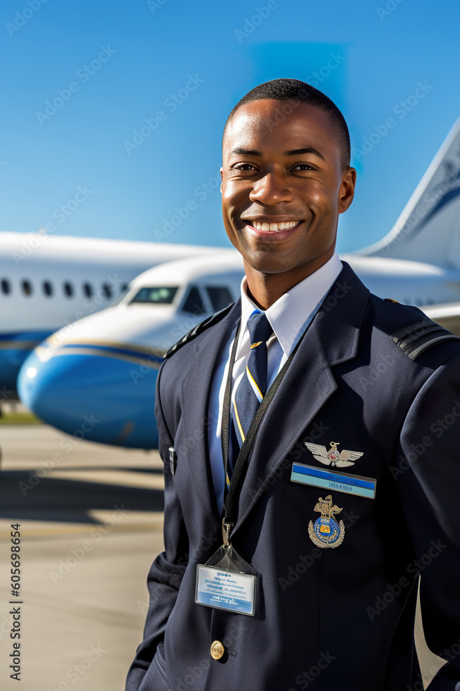 Poster a man in uniform standing in front of an airplane. generative ai. portrait of a flight attendant.