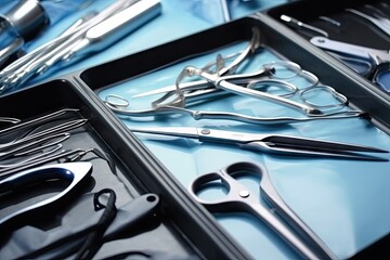 close-up of surgical tools including forceps, scalpels and retractors, created with generative ai