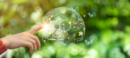 Hand touch carbon dioxide global saving clean energy earth, save the world, environment, green, eco...