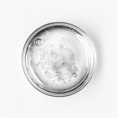 Petri dish with cosmetic or medical liquid and research transparent chemistry glassware