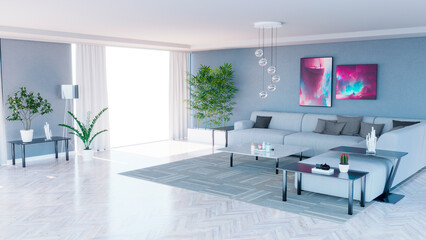 Internal view of an open space with big windows, large size, modern and contemporary style. Luxury houses. Natural light. Living room. Architecture and projects. Ecological house. 3d