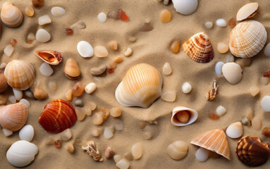Fototapeta na wymiar Seashells on the sandy beach, Generative AI