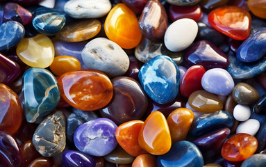 Fototapeta na wymiar Colorful beach gemstones, close-up. Natural material for craft. Generative AI